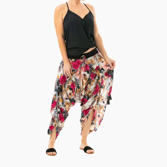 Flap Harem Pant Open Side Tasseled Drawstring Yoga Travel Beach Floral Pink Kira - Picture 6 of 12